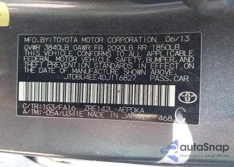 2013 Toyota Corolla L z USA, uszkodzony, nr VIN JTDBU4EE4DJ116827